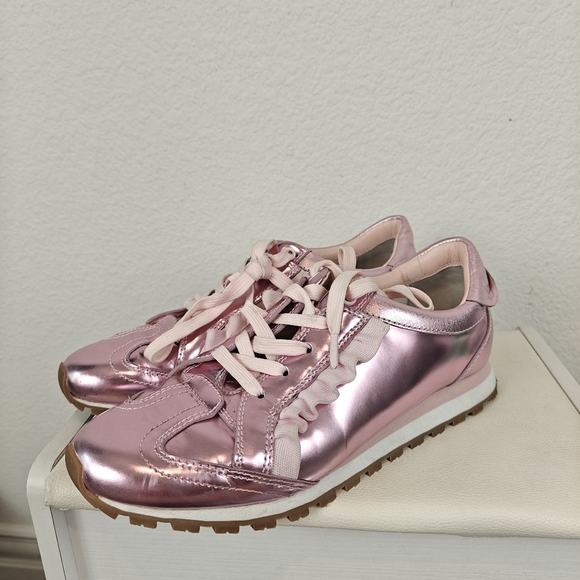 Tory Burch Women's Ruffle Trainer Leather Lace Up Sneakers Metallic Pink Size 8M - Picture 9 of 16